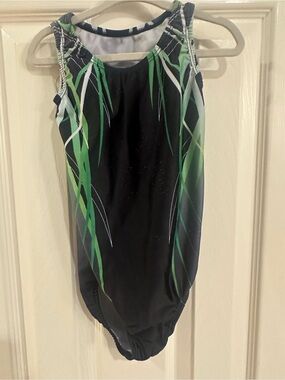 Black Athletic One-Piece Leotard with Green & White Accent
